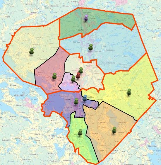 OPPILAAKSIOTTOALUEET Kuokkalan koulun oppilaaksiottoalue Suunniteltu ottoalue Kanavan koululle tulee sijoittumaan keskimääräistä enemmän kuljetusoppilaita, jopa 25 %.