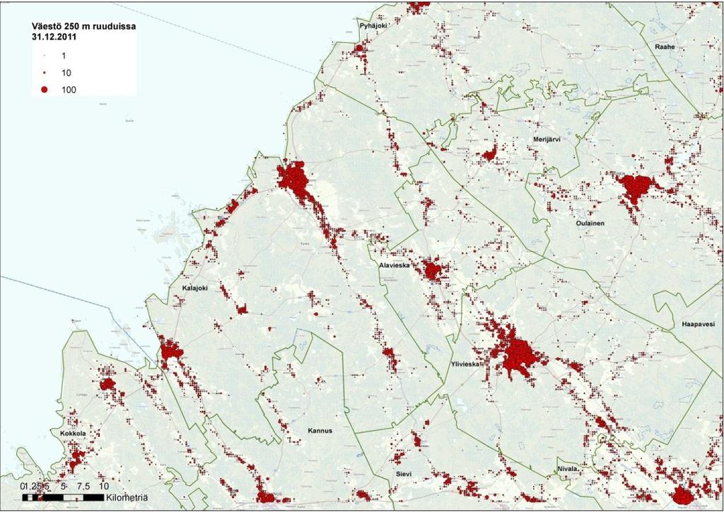 KAUPALLINEN SELVITYS 12 3. VÄHITTÄISKAUPAN KYSYNTÄ KALAJOELLA 3.1 Väestön määrä ja sijoittuminen Kalajoen väkiluku oli vuoden 2011 lopussa 12 616 henkeä.