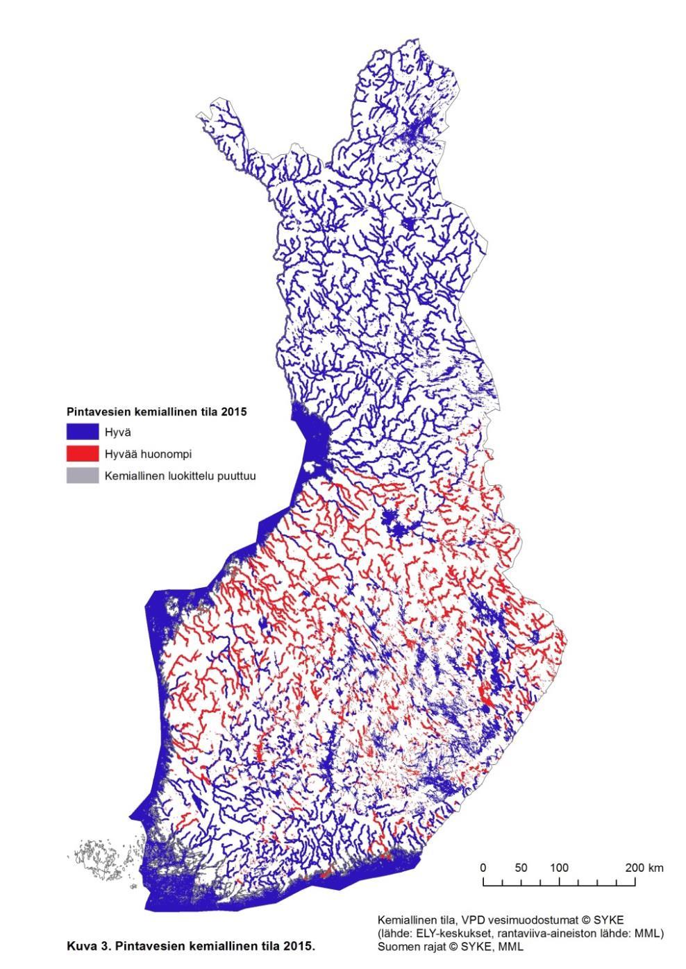 Pintavesien kemiallinen tila 2015 Hyvän kemiallisen tilan saavuttamiseen arvioidaan tarvittavan jatkoaikaa kaikkiaan noin puolessa pintavesimuodostumista.