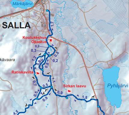 Latu kulkee lähimmillään 1-1,5 kilometriä suunnittelualueesta. Sallan latukartta 2017.