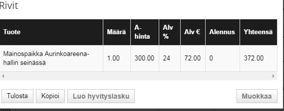 Näet laskutus-sivulla kaikki tehdyt laskut ja niiden tilan. Hyvityslaskun pääset tekemään, kun klikkaat laskun numeroa.