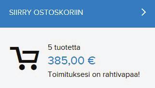 Ostoskori: Ostoskori näkyy aina verkkosivun oikeassa yläreunassa. Siitä voit seurata ostosten summaa ja mikä on rahtimaksun tilanne.