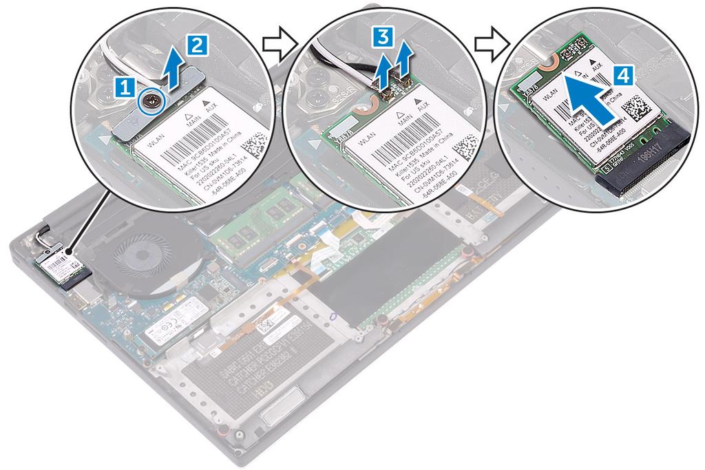 WLAN-kortin asentaminen 1 Kohdista WLAN-kortin lovi emolevyllä olevan WLAN-kortin liitännän kielekkeeseen. 2 Kohdista kiinnike, jolla WLAN-kortti kiinnitetään kämmentukeen.