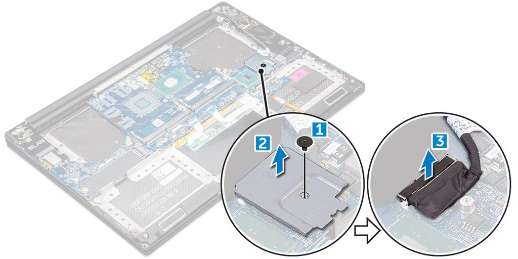 d e f jäähdytyselementti SSD muistimoduuli HUOMAUTUS: Tietokoneesi huoltotunnus on järjestelmäkilven alla. Kun emolevy vaihdetaan, huoltomerkki on syötettävä BIOS:iin.