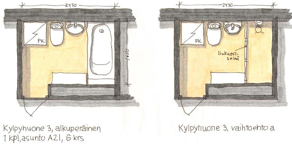 Kylpyhuone 3 Yhdessä A-portaan ylimmässä asunnossa on