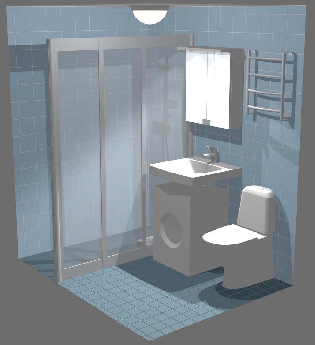 Kylpyhuone 1 - vaihtoehto B. Suihkutilasta saadaan suurempi, jos pesukone asennetaan erityisen pesukonealtaan alle. Pesukoneallas on hieman tavallista allasta leveämpi ja reilusti tavallista syvempi.