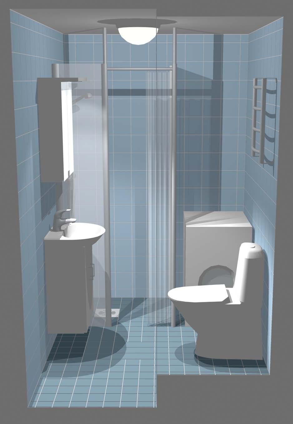 Kylpyhuone 2, vaihtoehto A, näkymä edestä päin ikkunattomassa