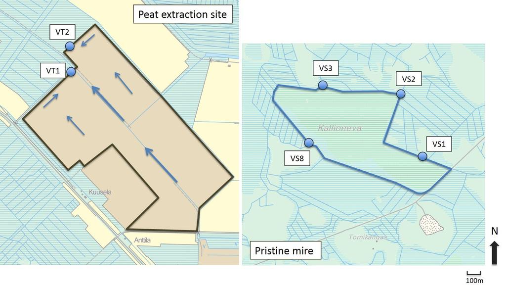 37 Figure 11. Water sampling points (VT1 and VT2) in peat extraction site and in pristine mire (VS1, VS2, VS3 and VS8). (Basemap National Land Survey of Finland (www.paikkatietoikkuna.