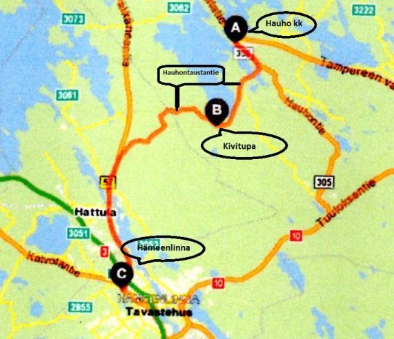 Ajo-ohje Kivituvalle: Hauhontien ja Hauhontaustantien (hautausmaan) risteyksestä n. 6,5 km Hauhontaustaan päin.