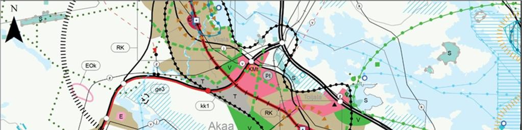 Kuva 7-5. Ote Pirkanmaan maakuntakaavasta 2040. Kuvassa hankealue on osoitettu violetilla pistekatkoviivalla (Pirkanmaan liitto 2019).