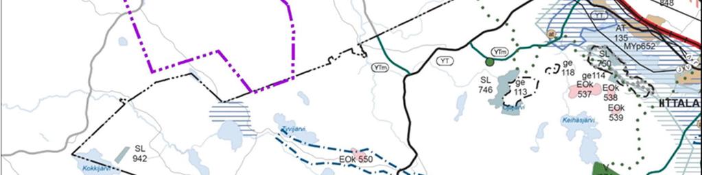 Kuva 7-7. Ote Kanta-Hämeen maakuntakaavan 2040 kaavaehdotuksesta (päiväys 17.12.2018) Kuvassa hankealue on osoitettu violetilla pistekatkoviivalla (Hämeen liitto 2019). 7.1.2.3 Yleiskaavat Hankealueella tai sen välittömällä vaikutusalueella ei ole voimassa oleva yleiskaavoja.