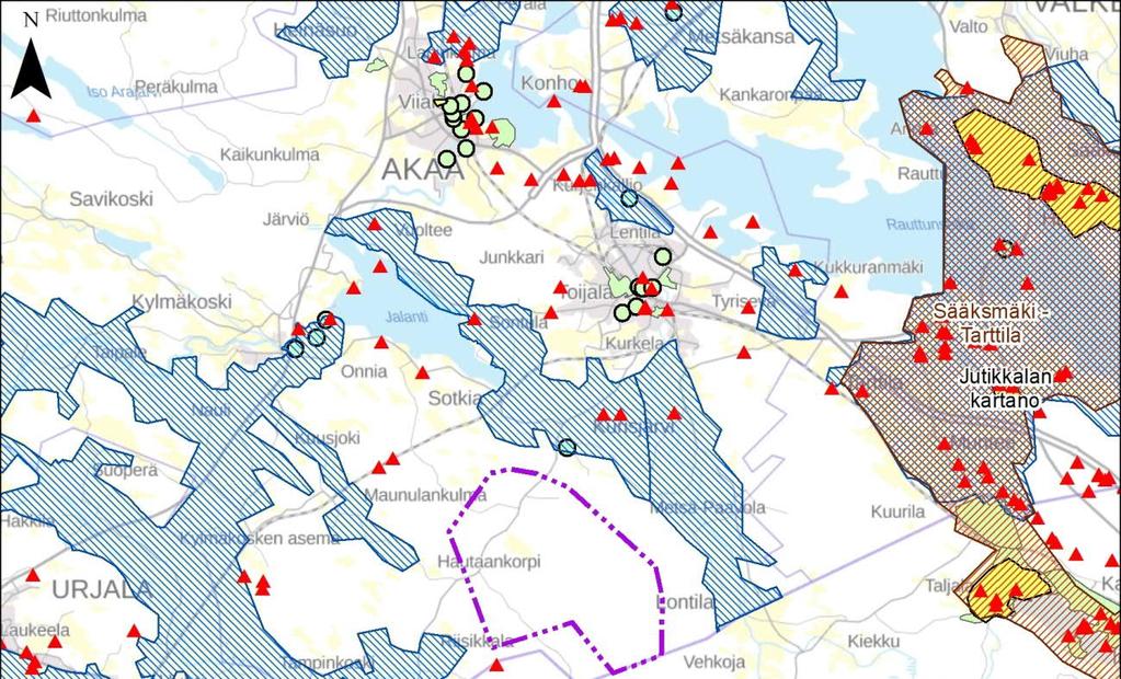 Kuva 7-10. Hankealueen lähimmät (n. 10 km) maiseman ja kulttuuriympäristön arvokohteet. 7.2.