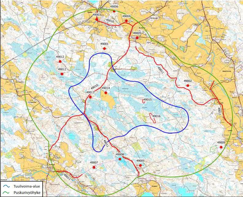 Kuva 7-11. Pirkanmaan maakuntakaava 2040 mukaiselle alueelle sijoittuvat potentiaaliset muinaismuistokohteet (Pirkanmaan liitto 2015).