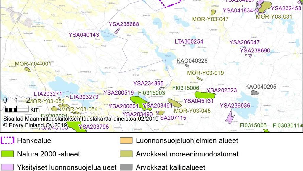 Hankealueen lounaisosaan sijoittuu valtakunnallisesti arvokas moreenimuodostuma Vahervuori (MOR-Y04-008), valtakunnallisesti arvokas kallioalue Korkealanvuori- Pöömäenvuori (KAO040366) sijoittuu noin