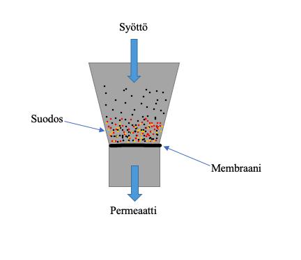 12 estää tiettyjen partikkelien läpipääsy membraanin lävitse ja toimia esteenä säilyttäen osan erotettavista partikkeleista konsentraatissa.
