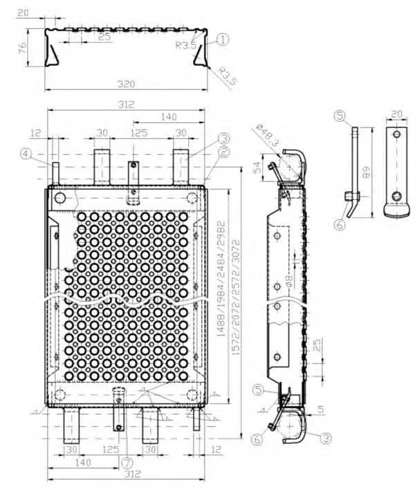 Kenttäpituus Kuormaluokka [mm] 1572 6 2072 6 2572 5 3072 4 (1) Bd 590x1,5 DIN EN 10111- DD11 ReH 280N/mm² (2) Bd 140x2 DIN EN 10111- DD11 ReH 280N/mm² (3) Bd 30x8 S355J2 vaihtoehto: S355MC (4) L