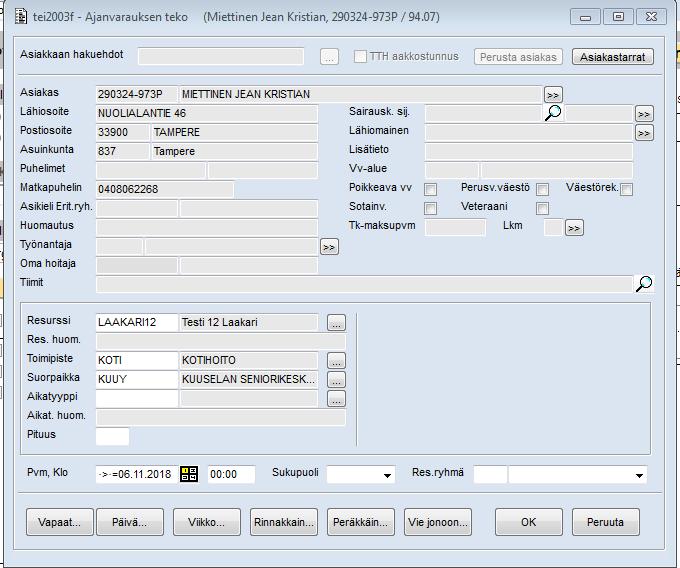 Resurssi-kohtaan laitetaan sen lääkärin pegasostunnus, jolle aika varataan. Suorituspaikaksi vaihdetaan sen asumispalveluyksikön suorituspaikka, jolle asiakas on sisäänkirjattuna.