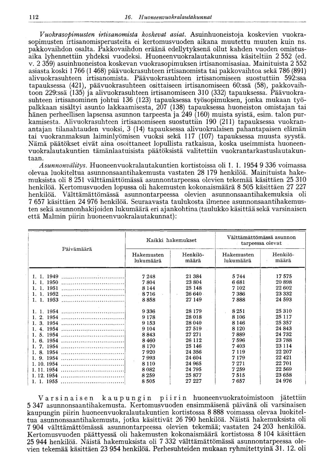112 16. Huoneenvuokralauiakunnat Vuokrasopimusten irtisanomista koskevat asiat. Asuinhuoneistoja koskevien vuokrasopimusten irtisanomisperusteita ei kertomusvuoden aikana muutettu muuten kuin ns.