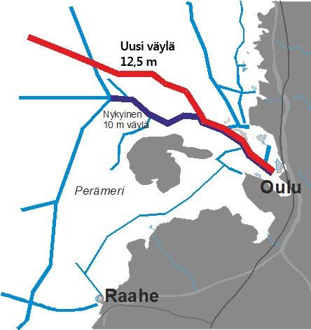 Oulun satama ja meriväylä Satamaväylän syventyminen nykyisestä 10 metristä 12,5 metriin tehostaa merkittävästi merikuljetuksia (jopa 40 % pienemmät yksikkökustannukset).
