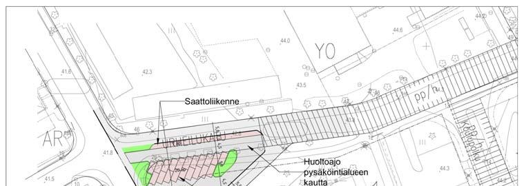 26 Urheilukadun länsipää, VE1 Osa Urheilukatua ja koulun luoteinen tontin nurkka on muutettu yhtenäiseksi, muusta liikenteestä erotelluksi saattoliikennealueeksi Saattolenkki on yksisuuntainen ja