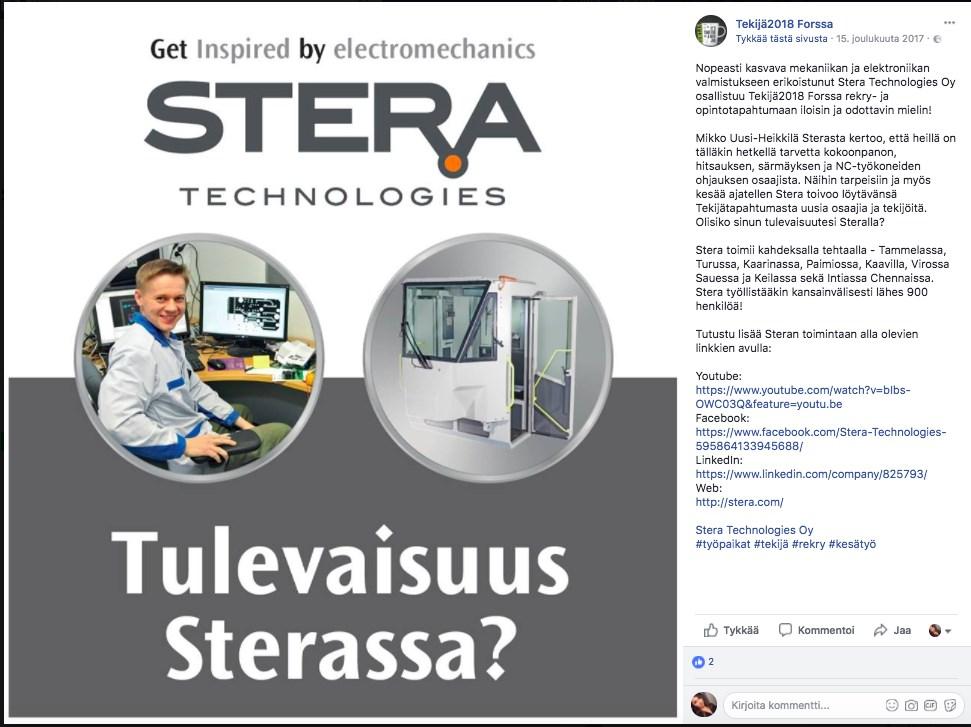 63 Kuva 3 Kuvakaappaus Tekijä 2018 -Forssa Facebook-sivuilta 15.12.2017 Stera löytyy LinkedInissä nimellä Stera Technologies Oy ja sillä on LinkedInissä 693 seuraajaa.