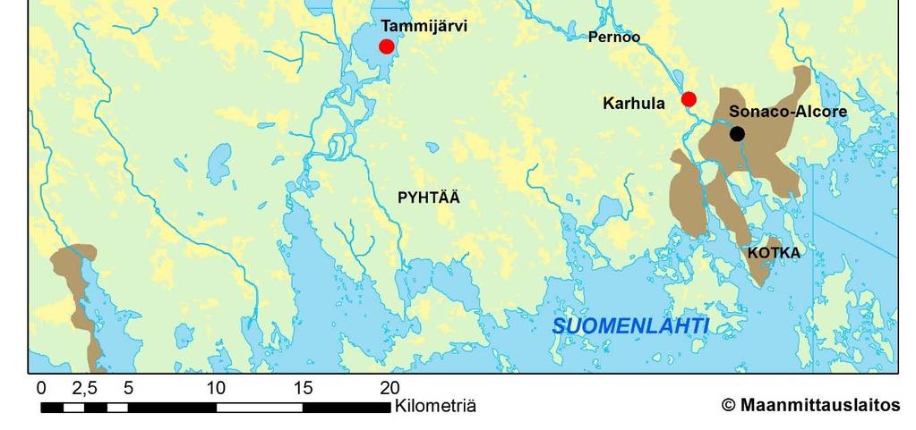pisteet) ja jätevesien purkupisteet (mustat pisteet).