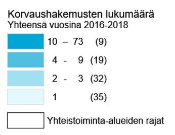 Maaseututoimen käsittelemien korvaushakemusten määrä vuosina 2016-2018 HUOMIOITAVAA Kartassa harmaalla