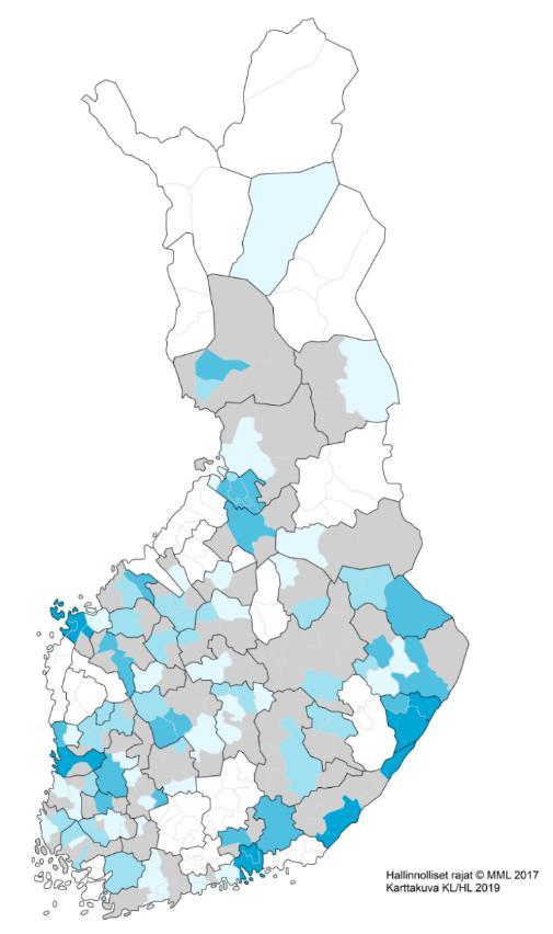Kartassa valkoisella ne YTA-alueet, jotka vastanneet, ettei hakemuksia sekä ne YTAalueet, joista ei tullut