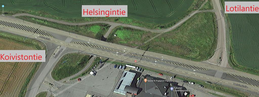 Ensimmäisessä kääntymisonnettomuudessa auto oli tullut Helsingintietä kuvan suunnassa oikealta vasemmalle.
