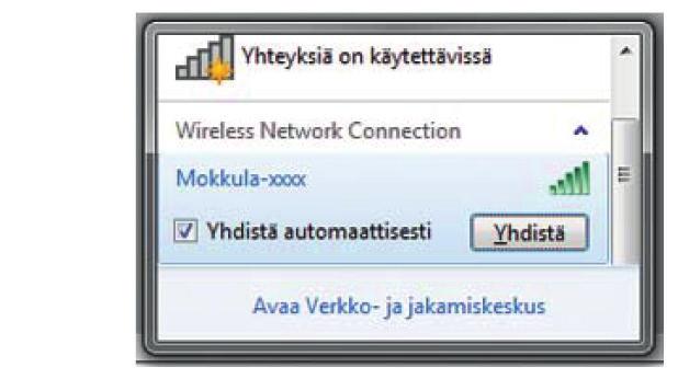 Windows 7 ja Windows Vista Windows 7 ja Vista -tietokoneessa klikkaa WLANverkon kuuluvuuspalkkeja Windowsin oikeasta alakulmasta.