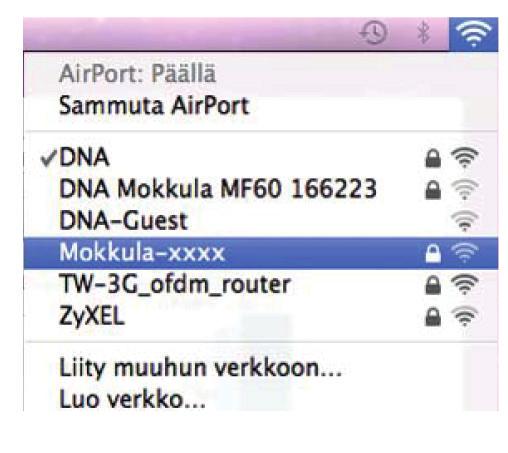 MAC Klikkaa MAC-tietokoneen oikeassa yläkulmassa olevaa langattoman verkon symbolia ja valitse verkko