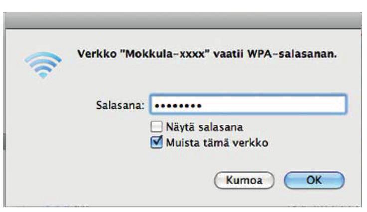 Salasana löytyy Mokkulan LCD-näytöltä, kun painat navigaatiopainiketta.