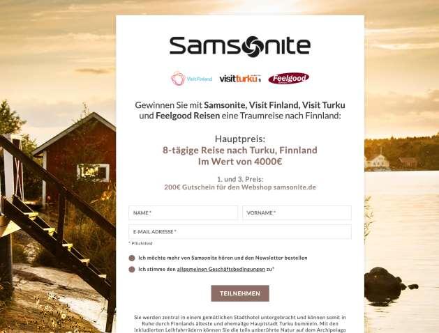 Case Samsonite/ x-overkampanjat - Osa Turun ja Saariston Absolut Slow Down kampanjaa - Samsonite maksaa markkinoinnin, VF, alue ja matkanjärjestäjä tuotannon ja palkinnon - Yleensä oma kampanjasivu,