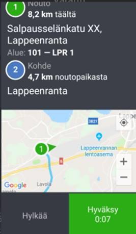 15. Tilauksen määränpää ajotarjouksessa Ajotarjouksessa ei tällä hetkellä näy kyydin tarkkaa kohde-osoitetta.