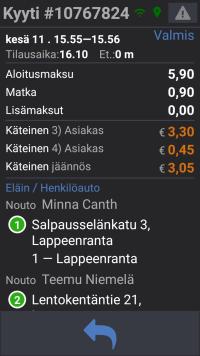 9. Kyydin yhteenveto Näet lopuksi yhteenvedon kyydin tiedoista, kuten kyydissä olleet asiakkaat ja perityt maksut.