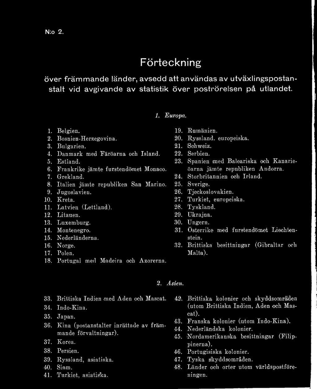 Lat vien (Lettland). 12. Litauen. 13. Luxemburg. 14. Montenegro. 15. Nederländerna. 16. Norge. 17. Polen. 18. Portugal med Madeira och Azorerna. 19. Rumänien. 20. Ryssland, europeiska. 21. Schweiz.