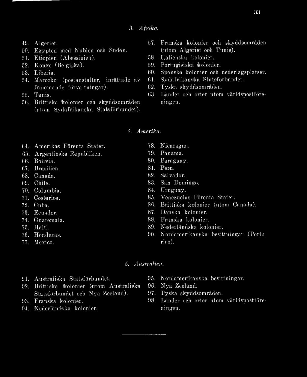 Portugisiska kolonier. 60. Spanska kolonier och nederlagsplatser. 61. Sydafrikanska Statsförbundet. 62. Tyska skyddsområden. 63. Länder och orter utom världspostföreningen. 4. Amerika. 64.