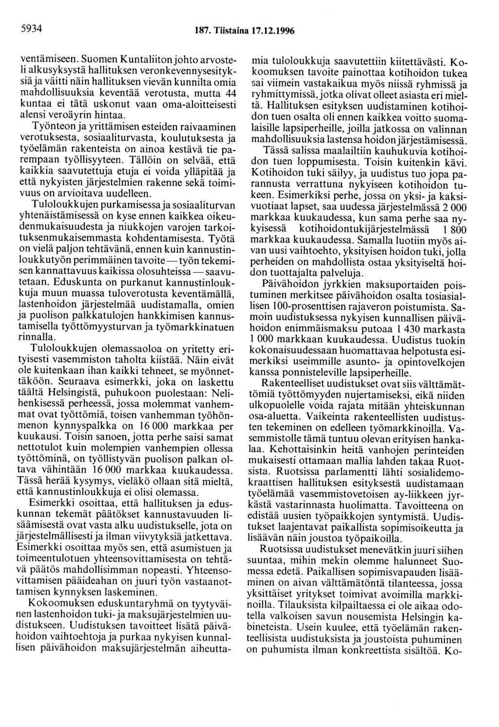 5934 187. Tiistaina 17.12.1996 ventämiseen.