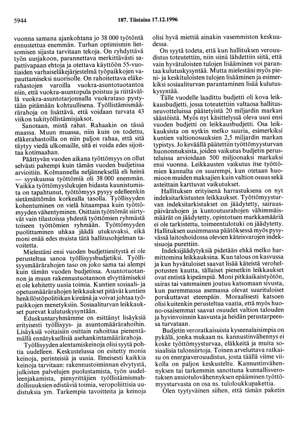 5944 187. Tiistaina 17.12.1996 vuonna samana ajankohtana jo 38 000 työtöntä ennustettua enemmän. Turhan optimismin lietsomisen sijasta tarvitaan tekoja.