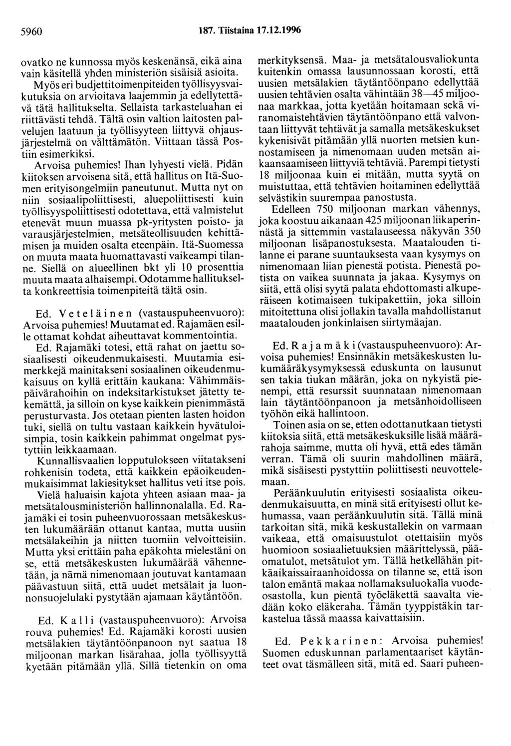 5960 187. Tiistaina 17.12.1996 ovatko ne kunnossa myös keskenänsä, eikä aina vain käsitellä yhden ministeriön sisäisiä asioita.