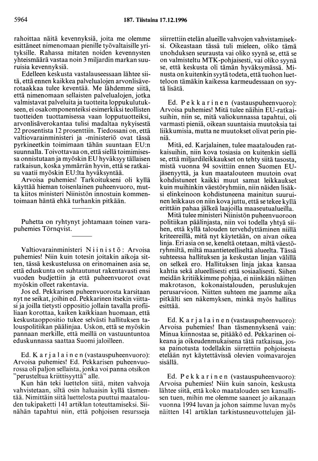 5964 187. Tiistaina 17.12.1996 rahoittaa näitä kevennyksiä, joita me olemme esittäneet nimenomaan pienille työvaltaisille yrityksille.