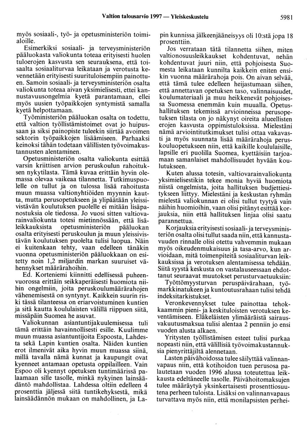 Valtion talousarvio 1997 - Yleiskeskustelu 5981 myös sosiaali-, työ- ja opetusministeriön toimialoille.