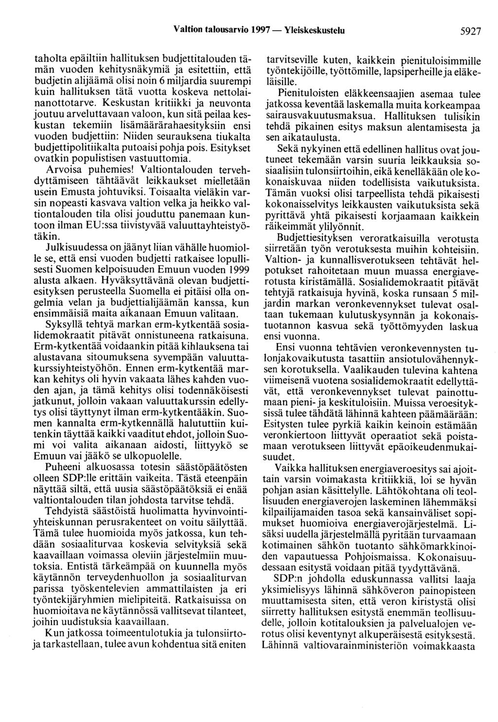 Valtion talousarvio 1997- Yleiskeskustelu 5927 taholta epäiltiin hallituksen budjettitalouden tämän vuoden kehitysnäkymiä ja esitettiin, että budjetin alijäämä olisi noin 6 miljardia suurempi kuin