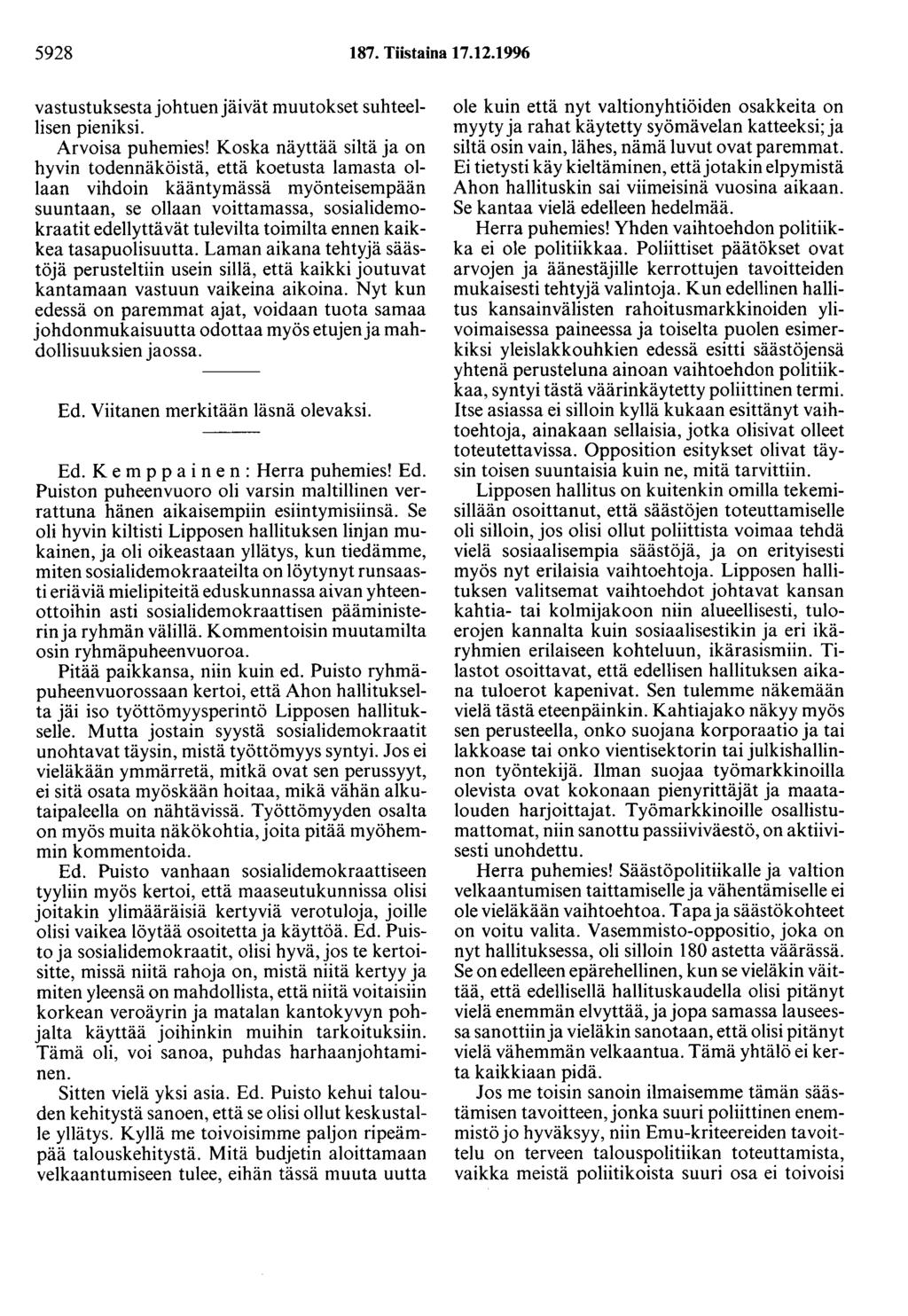 5928 187. Tiistaina 17.12.1996 vastustuksesta johtuen jäivät muutokset suhteellisen pieniksi. Arvoisa puhemies!