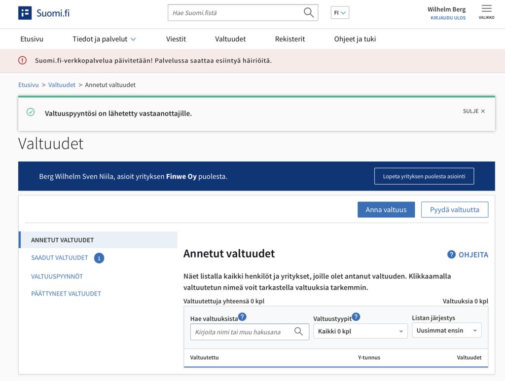 Kun lähetät valtuuspyynnön, se siirtyy Suomi.fi-valtuuksissa vastaanottajalle vahvistettavaksi. Jos valtuuspyynnön vastaanottaja on ottanut Suomi.