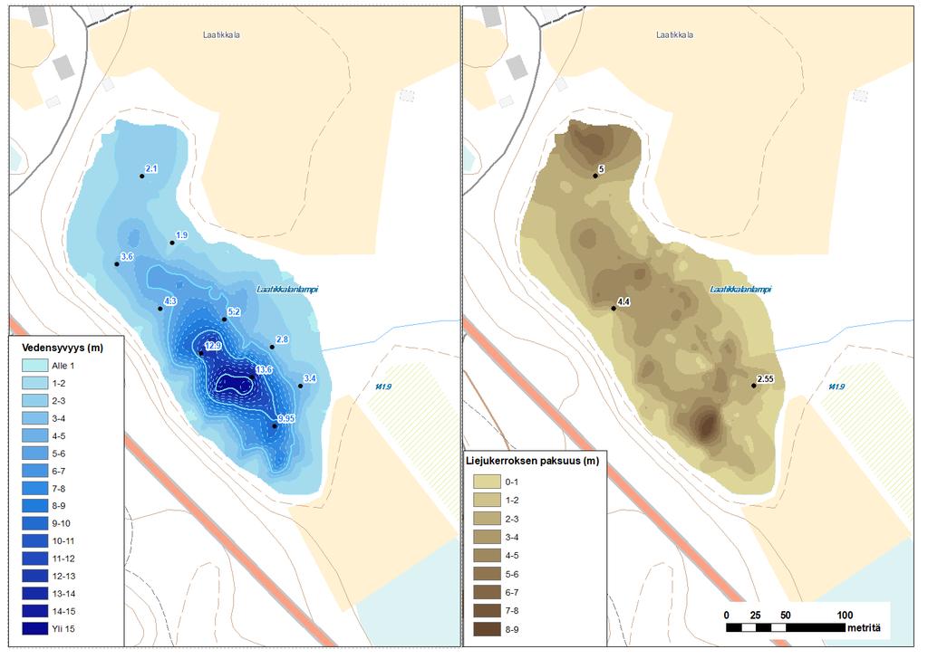 GEOLOGIAN TUTKIMUSKESKUS Geologinen rakenneselvitys 12 Kuva 6. Maatutkaluotausten perusteella laadittu Laatikkalanlammen syvyysmalli sekä sedimenttikerroksen paksuusmalli.