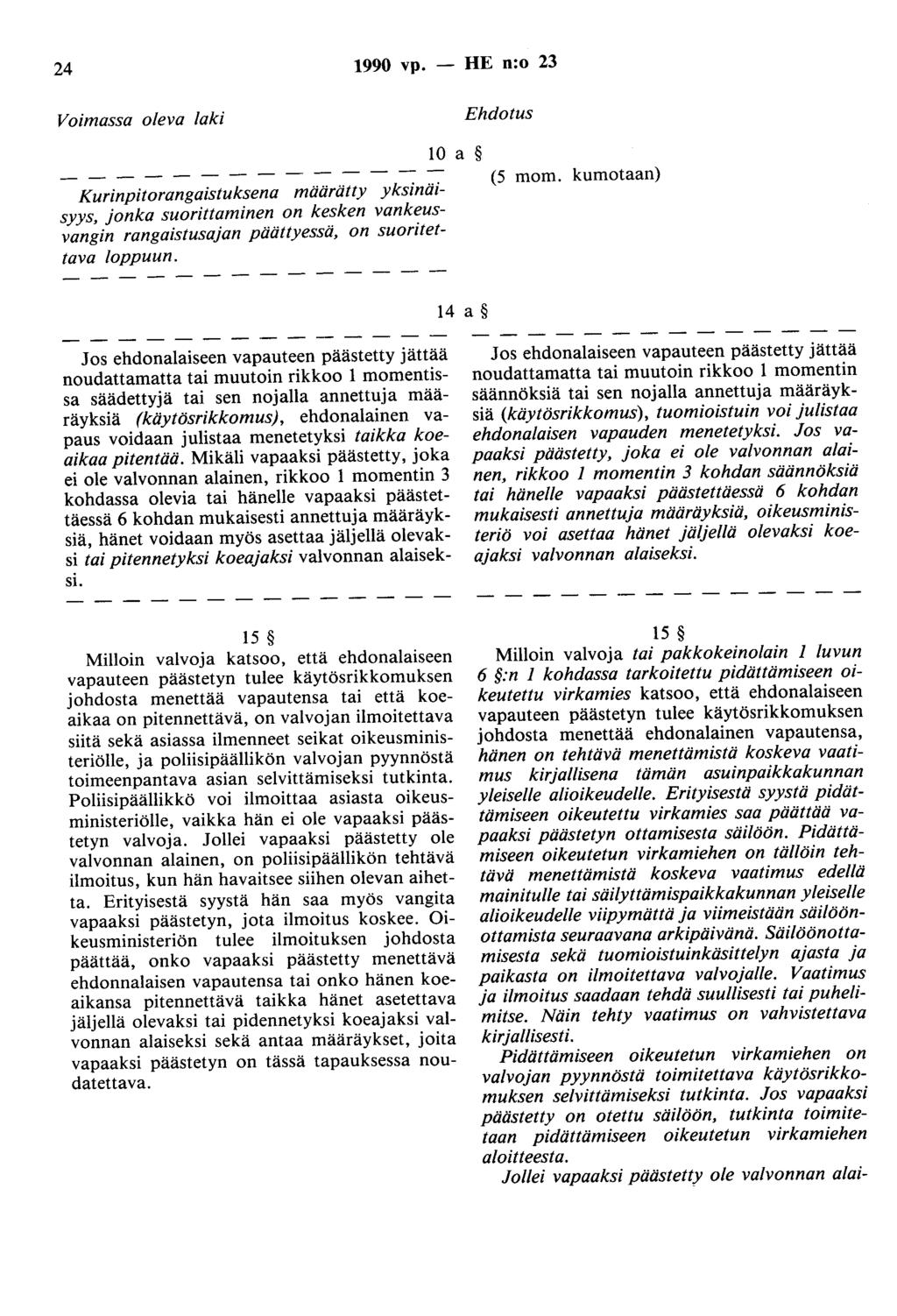 24 1990 vp. - HE n:o 23 Voimassa oleva laki Ehdotus 10 a (5 mom.