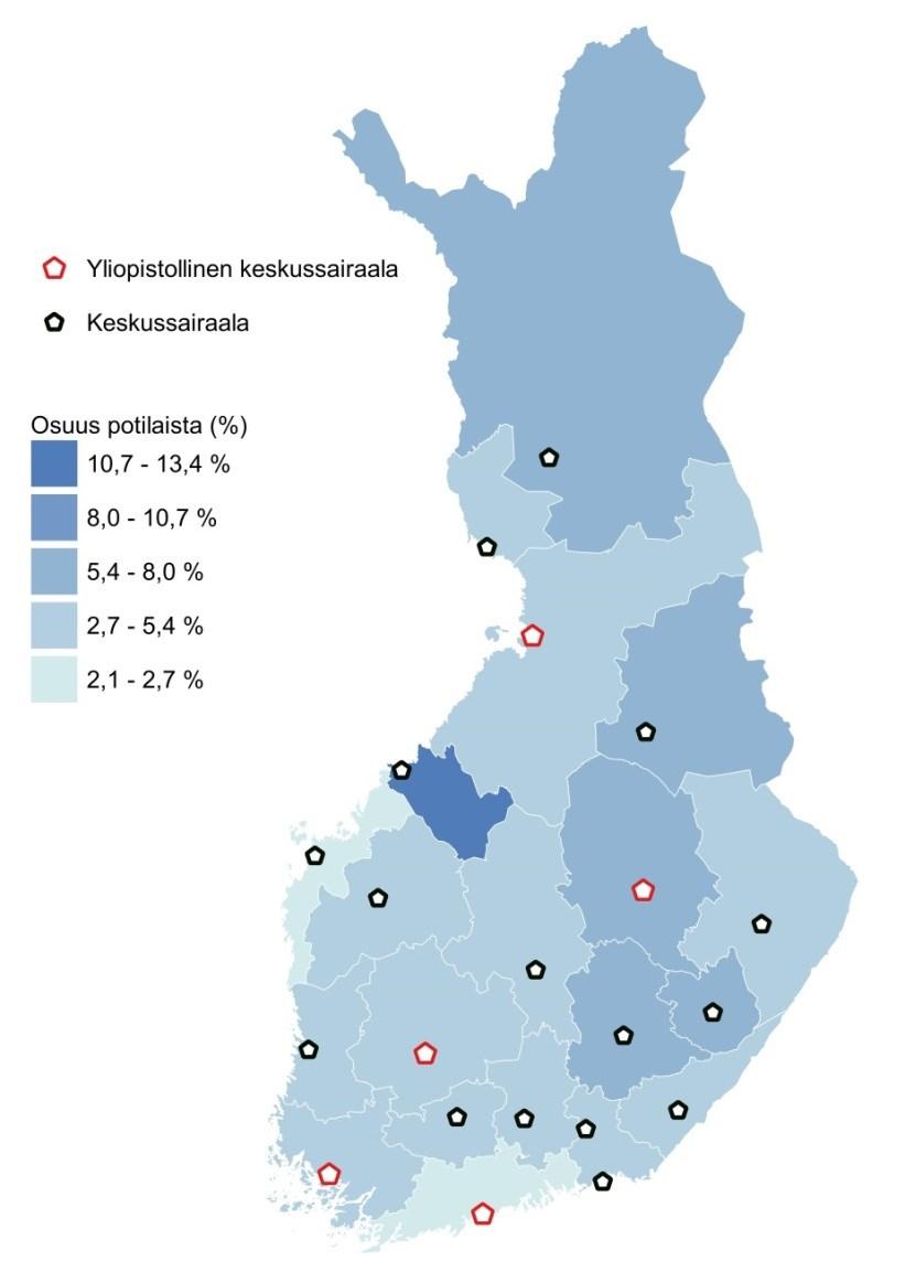 perinteisillä mökkialueilla. Toisen sairaanhoitopiirin alueella asuvien päivystyksen käyntimäärien osuudet vaihtelivat 13,4 ja 2,1 prosentin välillä.