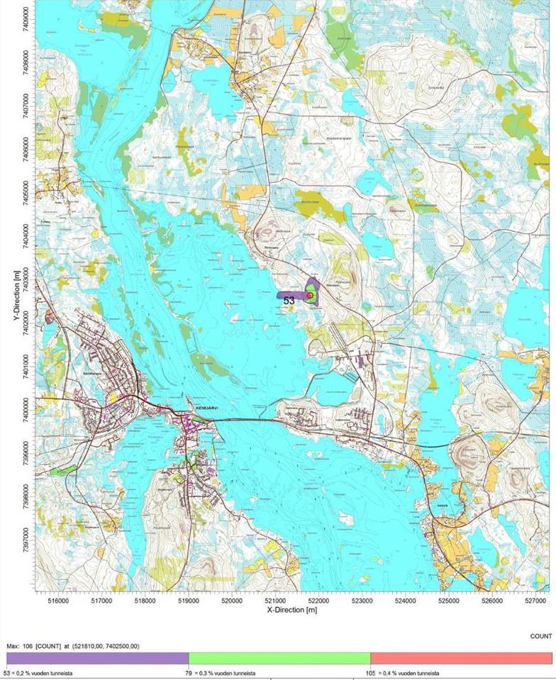 150 Mallinnustulokset havaittavan hajun (1 hy/m 3 ) esiintymistä prosentteina vuoden tunneista on esitetty seuraavassa kuvassa: Haju, häiriötilanne YVA-menettelyn yhteydessä arvioitiin