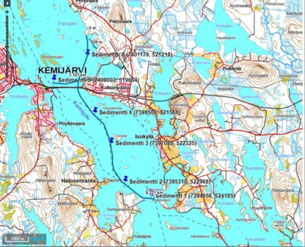 201 Sedimentti Hankkeen yhteydessä Kemijärven pääuoman alueelta oli tarkoitus ottaa sedimenttinäyteitä alla olevassa kuvassa esitetyn suunnitelman mukaisesti: Veden oton vaikutukset Sedimenttinäyte